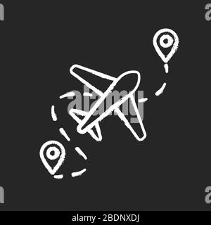 Flugstrecke Kreide weißes Symbol auf schwarzem Hintergrund. Flugziel mit GPS-Zeiger. Weg für die Reise mit dem Flugzeug. Pfad der Fluggesellschaft mit gestrichelter Linie Stock Vektor
