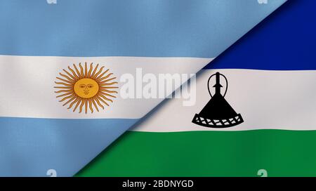 Zwei Staaten Flaggen von Argentinien und Lesotho. Hochwertiger Geschäftshintergrund. 3D-Abbildung Stockfoto