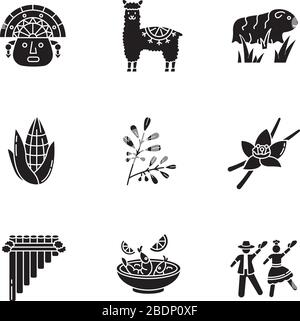 Peru schwarze Glyph-Symbole auf dem weißen Raum. Hispanische Geschichte, Traditionen, Küche. Inka, Alpaka, Meerschweinchen, Mais, Koka, Vanille, Ceviche, Marinera Stock Vektor