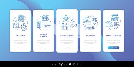 AirPort Premium Service Onboarding Mobile App Seite Bildschirm mit Konzepten. Erstklassige Reiseanleitung in fünf Schritten. UI-Vektor Stock Vektor