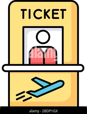 RGB-Farbsymbol für Flugticket-Zähler. Holen Sie sich die Bordkarte am Anmeldeschalter. Check-in für Flug ins Ausland. Abreise Abreise Checkout. Kiosk mit Stock Vektor