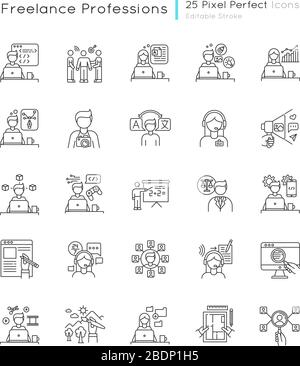 Freelance Professionals Pixel Perfect Linear Icons Set. Branding- und Personalmanagement, Dateneingabe. Anpassbare Kontursymbole mit dünnen Linien. Isoliert Stock Vektor