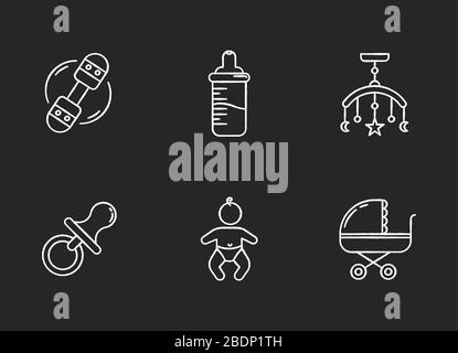 Kreide weiße Symbole für den Babypflegedienst auf schwarzem Hintergrund. Spielzeug für Kleinkinder. Dekoration für neugeborenes Schlafzimmer. Schnuller und Flasche. Kleinkind Stock Vektor