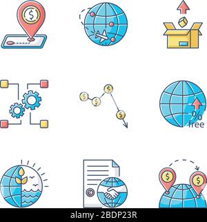RGB-Farbsymbole für den globalen Handel, den Export und die Investitionen. Steuern und nichttarifäre Barrieren, internationale Vereinbarungen und Warenlieferungen. Isolierter Vektor Stock Vektor