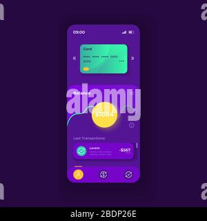 Online-Brieftasche-Anwendung Smartphone-Schnittstelle Vektorvorlage. Layout für dunkle Designs auf der Seite der mobilen App. Internet-Banking-Bildschirm. Flache Benutzeroberfläche für Stock Vektor