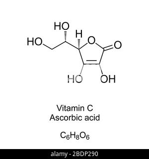 Vitamin-C-Skelettformel und Molekularstruktur. Ascorbinsäure, auch Ascorbat genannt, ein Vitamin, das in verschiedenen Lebensmitteln gefunden wurde. Stockfoto