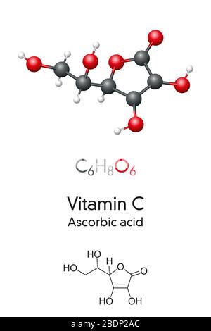 Vitamin-C-Molekularmodell und chemische Formel. Ascorbinsäure, Ascorbat, Skelettformel und Molekularstruktur. Vitamin in verschiedenen Lebensmitteln gefunden. Stockfoto