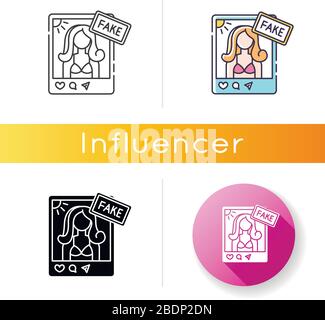 Fake Influencer Symbol. Fraud Blogger-Profil. Falsche Führung mit Foto im Konto. Täuschung mit Social Media-Seite. Weibliche Ausführung. Lineare schwarze und RGB-Farbe Stock Vektor