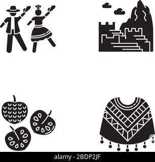 Peru schwarze Glyph-Symbole auf dem weißen Raum. Mischung aus spanischen und amerikanischen Traditionen. Marinera, Machu Picchu, cherimoya, Poncho. Silhouette Stock Vektor