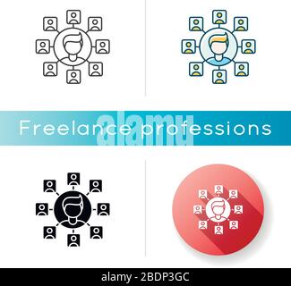 SEO-Spezialist, Symbol für freiberufliche Manager. Schlüsselmanagement, Content-Marketing. Geschäftsanalyse, Verbindungsaufbau und Ranking. Lineare schwarze und RGB-Farbe Stock Vektor