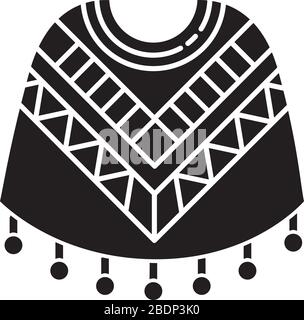 Symbol für schwarze Glyphe von Poncho. Tracht der traditionellen amerikanischen Ureinwohner. Einfache Latino-Wollkleidung mit geometrischem Schmuck. Silhouettensymbol auf weiß Stock Vektor