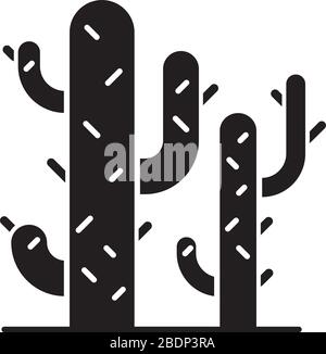 Symbol für schwarze Glyphe der Kakteen. Wüstenpflanzen. Saguaro Kaktus. Stacheliger Baum wie saftig. Amerikanische aride Gegend dornige Wildblume. Silhouettensymbol auf weiß Stock Vektor