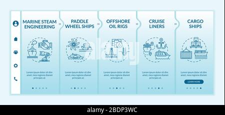 Marine Engineering Onboarding Vector Vorlage. Schaufelradschiff. Bootstypen. Transport von Wasserbehältern. Reaktionsschnelle mobile Website mit Symbolen Stock Vektor