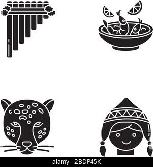 Peru schwarze Glyph-Symbole auf dem weißen Raum. Peruanische Kunst, Küche, Tierwelt, Kostüm. SIKU, Ceviche, Jaguar, Chullo hat. Bräuche der andenkultur Stock Vektor