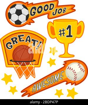 Abbildung: Stickerdesigns für Sportleistungen für Fußball, Basketball und Baseball Stockfoto