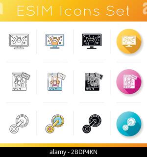 Symbole für Einflussnehmer in sozialen Medien festgelegt. TV Reality Show Moderatorin. Gefälschtes Promi-Profil. Native Integration. Geschäftsstrategie. Linear, schwarz und RGB Stock Vektor