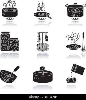 Food Preparation Drop Shadow Black Glyph Icons Set. Verschiedene Kochtechniken, Verfahren zur Zubereitung von Mahlzeiten. Verschiedene Zutaten und Küchengeräte Stock Vektor