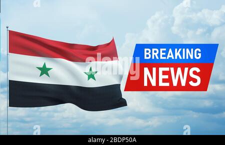 Aktuelle Nachrichten. Weltnachrichten mit Backgorund schwenkenden Nationalflaggen Syriens. 3D-Abbildung. Stockfoto