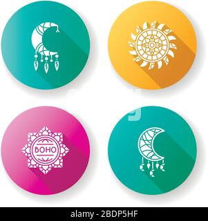 Boho Style Accessoires flaches Design lange Schatten Glyphe Icons Set. Lotusblume, indisches Mandala. Halbmondförmige Amulette. Dreamcather handgemachter Charme Stock Vektor