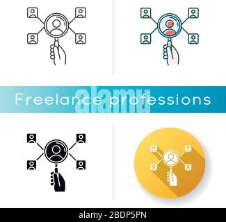 HR-Manager, freiberuflicher Headhunter Icon. Einstellung von Mitarbeitern des Unternehmens, Einstellung von Mitarbeitern. Mitarbeitersuche, Personalmanagement. Lineares Schwarz und RGB Stock Vektor