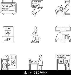 AirPort Terminal Pixel perfekte lineare Symbole gesetzt. Fluginformationsfeld. Flugticket. Anpassbare Kontursymbole mit dünnen Linien. Isoliert Stock Vektor