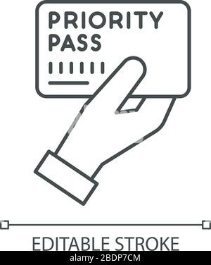 Priority Pass Pixel Perfect Linear Icon. Flugticket für Flugtickets. Premium-Zertifikat. Anpassbare Abbildung mit dünner Linie. Kontursymbol Stock Vektor