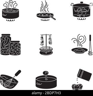 Schwarze Glyph-Symbole für die Lebensmittelzubereitung auf weißem Raum. Verschiedene Kochtechniken, Symbole für die Silhouette bei der Zubereitung von Speisen. Verschiedene Zutaten und Stock Vektor