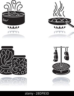 Kulinarische Techniken werfen Schatten schwarze Glyphe Symbole gesetzt. Verschiedene Methoden zur Zubereitung von Speisen, Kochvorgang. Kochen, Braten, Konservieren und Smocken Stock Vektor
