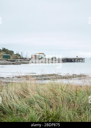 Ein alter Fischschuppen und -Steg in der Landschaft am felsigen Ufer und an der Küste und am Point Kean Kaikoura Neuseeland an einem grauen Tag. Stockfoto