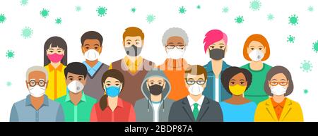 Gruppe von Menschen in schützenden medizinischen Gesichtsmasken. Ausbreitung des Coronavirus von Mensch zu Mensch Prävention. Tragen von Atemschutzgeräten zur Vermeidung von Kovid 19 Stock Vektor