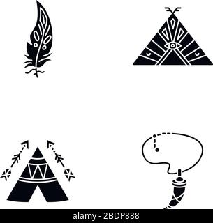 Natives indianisches Zubehör schwarze Glyph-Symbole auf weißem Raum. Stammchefin Teepee. Halskette mit Zahn, Adlerfeder. Wigwam mit Verzierungen Stock Vektor