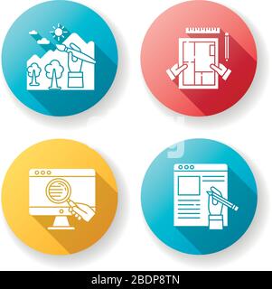 Entfernte Jobs flaches Design lange Schatten Glyphe Symbole gesetzt. Freiberuflicher Illustrator, Texter und Innenarchitekt. Webforschung, Design, Artikel Stock Vektor