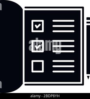 Symbol für schwarze Glyphe des Notebooks öffnen. Liste mit aktivierten Kontrollkästchen. Ausgefülltes Testformular. Markieren Sie die Felder für die Abfrage. Schulunterlagen. Bürobericht. Silhouettensymbol Stock Vektor