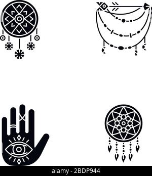 Zubehör im boho-Stil schwarze Glyph-Symbole auf weißem Raum. Hexerei und esoterische Amulette. Dreamcatcher, Hand und alle sehenden Augentalismane Stock Vektor