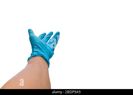 Hände in medizinischen Handschuhen greifen nach Hilfe isoliert in Clipping-Pfad. Stockfoto