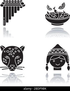 Peru Schlagschatten schwarze Glyphe Symbole gesetzt. Peruanische Kunst, Küche, Tierwelt, Kostüm. SIKU, Ceviche, Jaguar, Chullo hat. Bräuche der andenkultur Stock Vektor