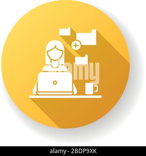 Dateneingabejobs, gelbe flache Ausführung, Symbol für lange Schatten. Konvertieren von Bildern in Text, Kopieren und Einfügen von Textmaterial. Datenaufgaben und Dokument Stock Vektor