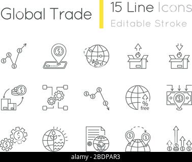 Global Trade Pixel perfekte lineare Symbole festgelegt. Weltwirtschaft, Investitionen und Einkommen. Unternehmensressourcen. Anpassbare Kontursymbole mit dünnen Linien. Isoliert Stock Vektor