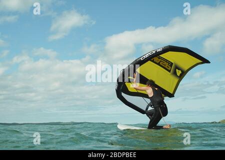 Ein Mann wingfoils in Auckland Hafen an einem Sommertag, mit einem Hand gehalten aufblasbaren Flügel und Reiten ein Tragflächenboot Surfboard. Rangitoto Island. Stockfoto