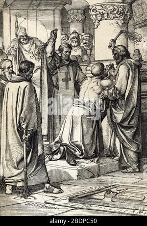 "Le roi Henri II d'Angleterre (1133-1189) implique dans l'Assassinat de Thomas Becket fait penitence a la tombe de l'archeveque, 1174" (König von Englan Stockfoto