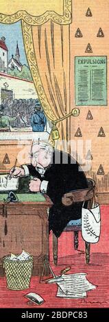 "Darstellung caricaturale d'Emile Combes (1835-1921) en Franc-macon et infervent defenseur de la Loi de Separation de l'Eglise et de l'Etat de 1905" Stockfoto