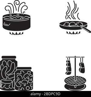 Kulinarische Techniken schwarze Glyphe Symbole auf weißem Raum. Verschiedene Methoden zur Zubereitung von Speisen, Symbole für die Silhouette des Kochvorgangs. Kochend, braten Stock Vektor