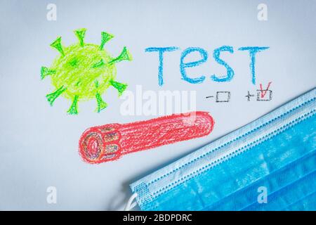 Zeichnung eines Reagenzglas mit Blut und einem positiven Test auf Coronavirus und medizinische Gesichtsmasken. Stockfoto