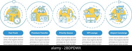 Infografievorlage für AirPort Premium Service Vector. Erstklassige Designelemente für Reisepräsentationen. Datenvisualisierung in fünf Schritten. Prozess Stock Vektor