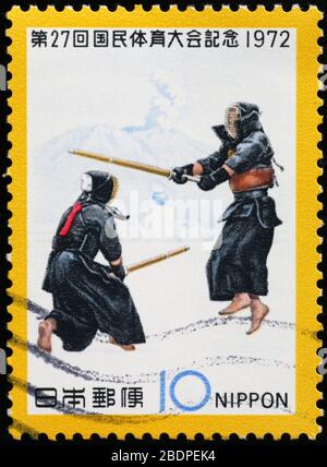 Zwei Kendo-Kämpfer auf japanischer Briefmarke Stockfoto