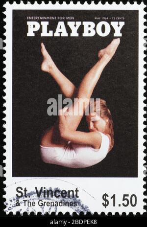 Vintage-Cover des Playboy Magazins auf Briefmarke Stockfoto