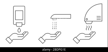 Symbol für dünne Linie für das Händewaschen. Automatische, berührungslose Toiletten mit Sensoren. Anleitung zum sicheren Waschen der Hände. Seife, spülen, trocknen Stock Vektor
