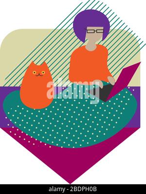 Süße und kuschelige farbige Illustration des Mädchens, das auf dem Sofa mit Laptop und Katze sitzt Stock Vektor