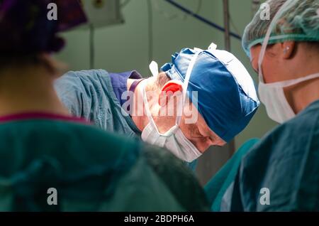 Konzentrierter Arzt und Assistent während einer Hysterektomie-Operation in einem Krankenhaus.Porträt des Chirurgen Arzt. Stockfoto