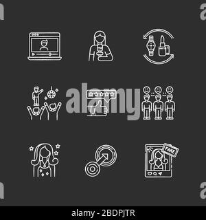 Social Media Promotion Kreide weiße Symbole auf schwarzem Hintergrund. Vlogger Einflussnehmer. Weibliche Journalistin. Gefälschtes Social-Media-Konto von Promis. Isoliert Stock Vektor